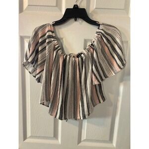 Timing Womens Off The Shoulder Crop Top Stripe Boho Short Sleeve Blouse Small